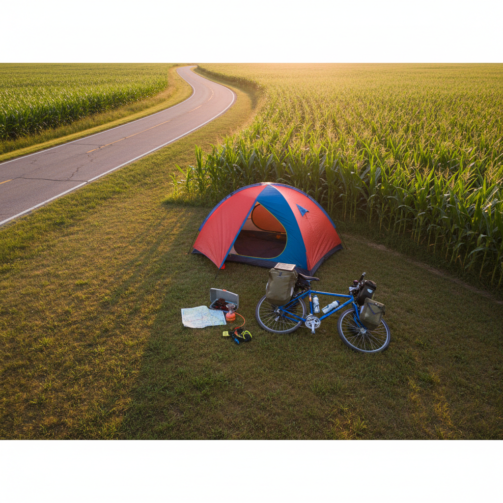 A playful, overhead photographic scene of an Iowa bike touring campsite beside a quiet rural road: a brightly colored tent pitched near a sturdy bike lying on its side, panniers open to reveal maps, a small camp stove, and a pair of cycling gloves. Cornfields encircle the clearing like a textured green wall, while a strip of asphalt curves gently along one edge of the frame. Warm sunset light spills across the scene, creating long, whimsical shadows of the bike and tent. The composition balances crisp details in the campsite with softer focus on the surrounding fields, conveying a cozy, story-rich moment at the end of a day’s pedaling across Iowa.