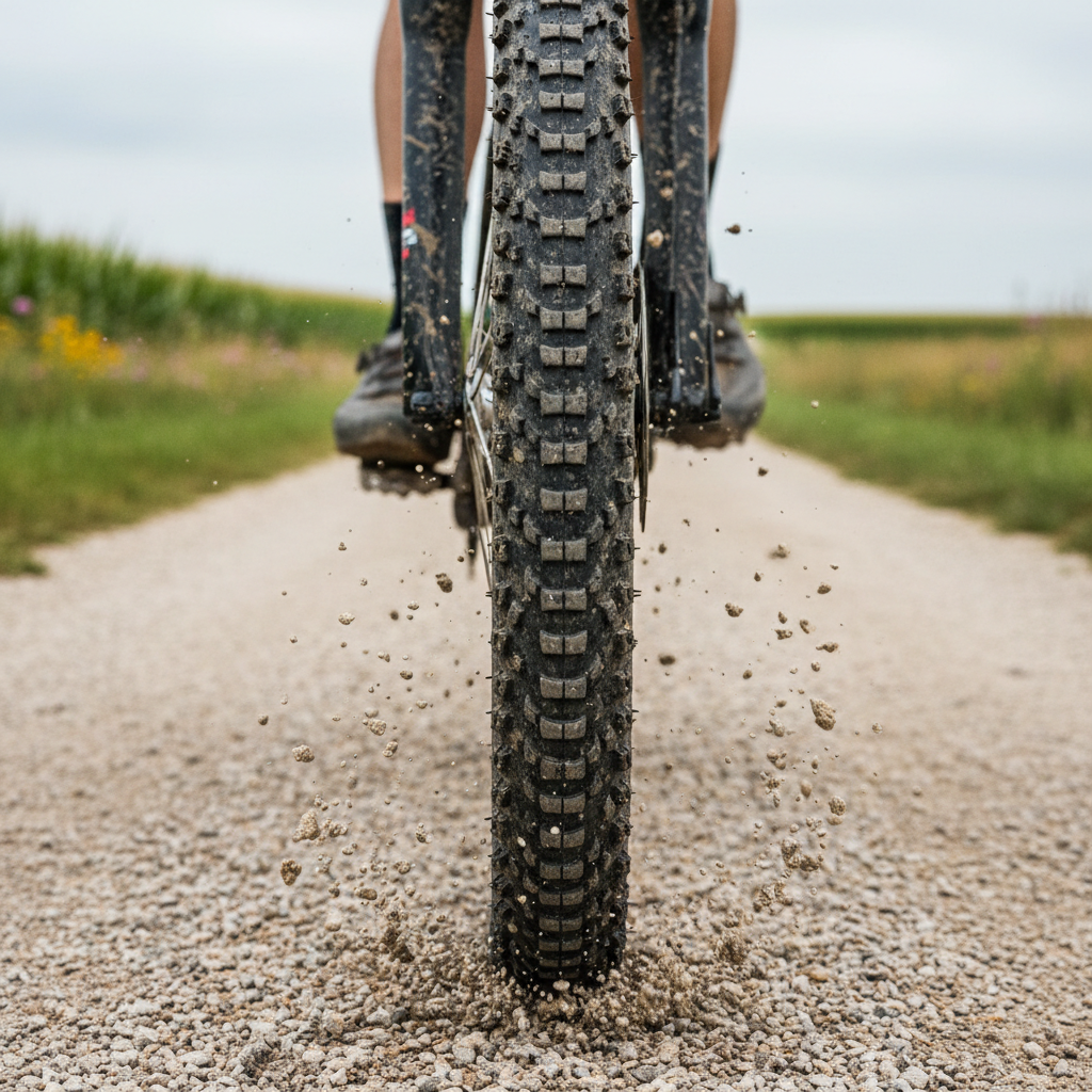A close-up, eye-level shot of a mud-splattered bike tire cutting through light Iowa gravel, tiny stones flicking outward as the wheel rolls forward. The textured tread is crisp and detailed, droplets of water clinging to the spokes. The background shows a blurred patchwork of cornfields, wildflowers, and a gently curving country lane. Soft overcast light creates even, diffused illumination, emphasizing the textures of rubber, dirt, and gravel without harsh shadows. The photographic, realistic composition uses shallow depth of field to keep the moving tire in sharp focus, capturing an energetic, playful sense of momentum and the tactile feel of bike travel across rural Iowa.