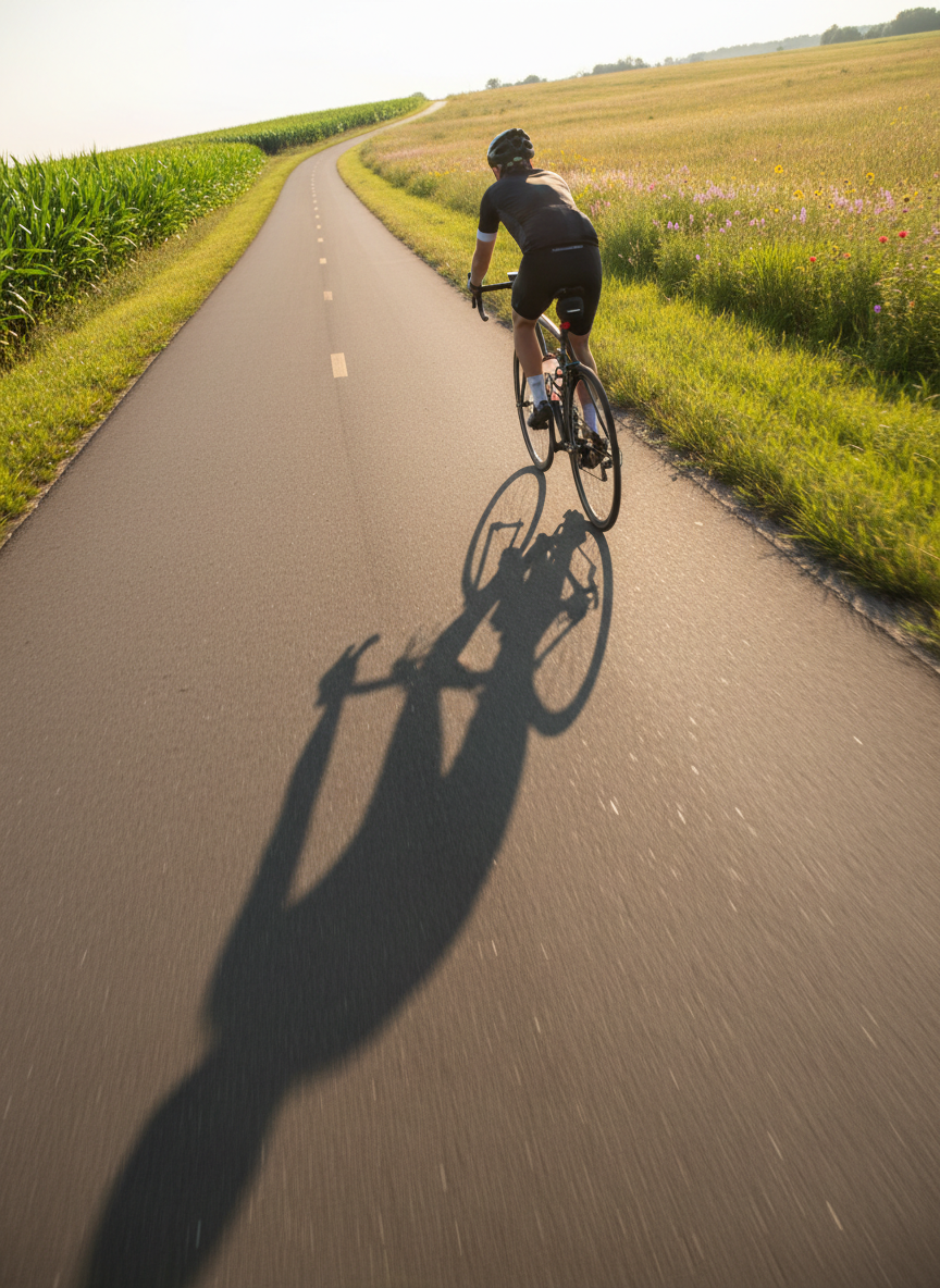 A dynamic side view of a cyclist’s shadow racing along a sunlit Iowa bike trail, with the actual bicycle just entering the frame from the right edge. The paved path snakes through tall corn on one side and open prairie on the other, dotted with wildflowers and gently rolling rises. It is late afternoon, and strong golden light casts a sharply defined, elongated shadow of the rider and bike onto the smooth trail surface, emphasizing speed and motion without showing any human features. Photographic realism with a slightly tilted, energetic composition captures the playful mood and narrative of a long, carefree ride through the heartland.