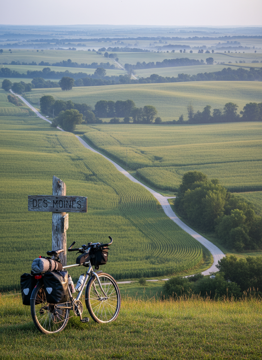 A panoramic vista of rolling Iowa countryside viewed from a high ridge, with a lone, fully loaded touring bicycle parked near a weathered wooden signpost. Gently undulating fields of corn and soy stretch into the distance, broken by winding country roads and small clusters of trees. Early morning light creates a cool, pastel glow, with soft mist lingering in the low areas and subtle highlights along the bike’s handlebars and frame. Shot in photographic realism with a wide-angle lens feel, the composition follows the rule of thirds, placing the bike in the foreground corner and leading the viewer’s eye along the roads, evoking a serene yet adventurous travel narrative.